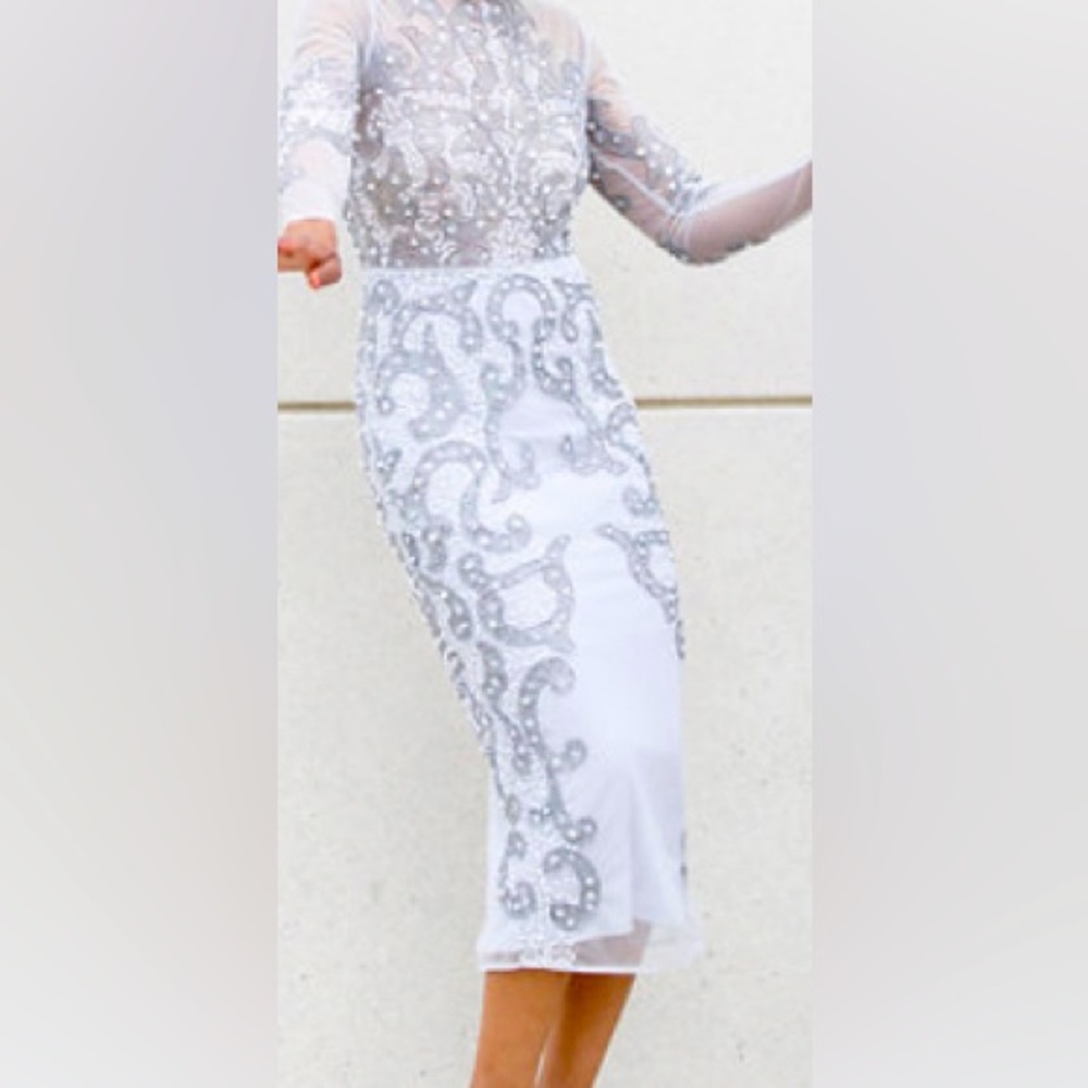 Gorgeous embellished white/grey dress with intricate beadwork.